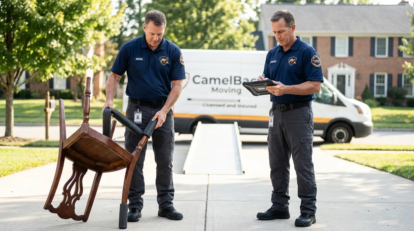 Movers inspecting furniture for damage prevention before loading in Mankato, MN